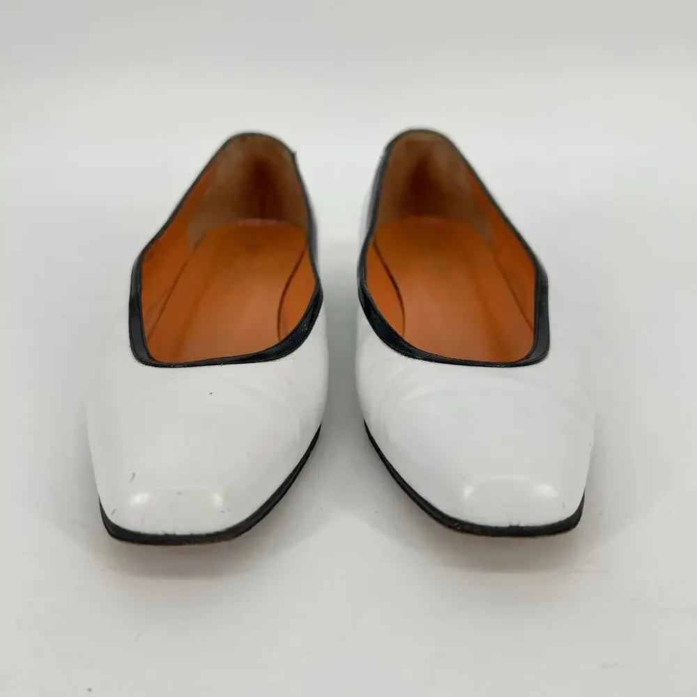 Vtg 80s Ellen Tracy Low Heel Pump Womens 6M White Black Leather Italy Square Toe